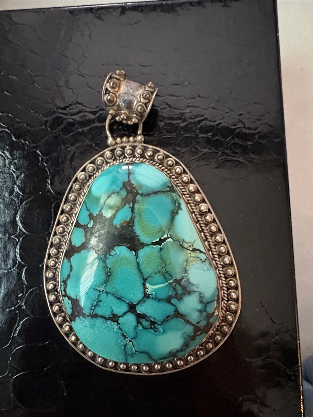 Vintage Turquoise Teardrop Pendant Necklace - Blue Green Stone